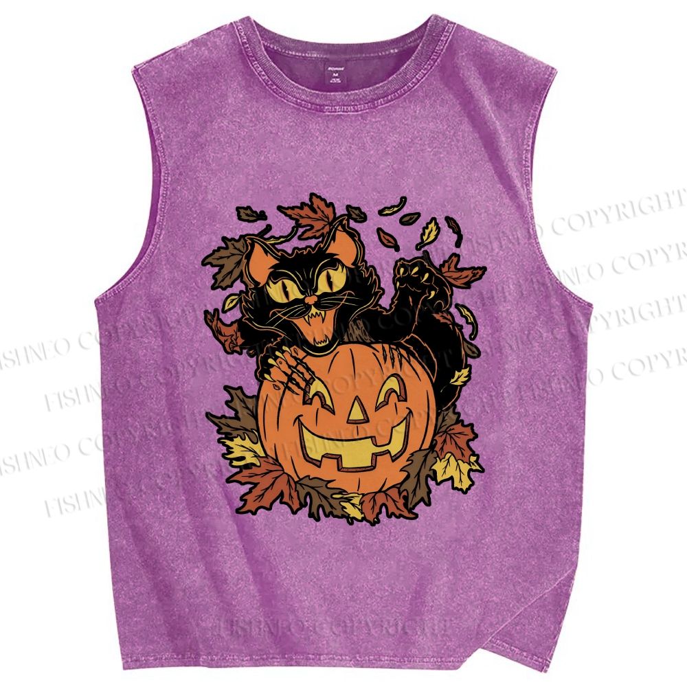 Unisex Halloween Black Cat Printed Washed Tank Top