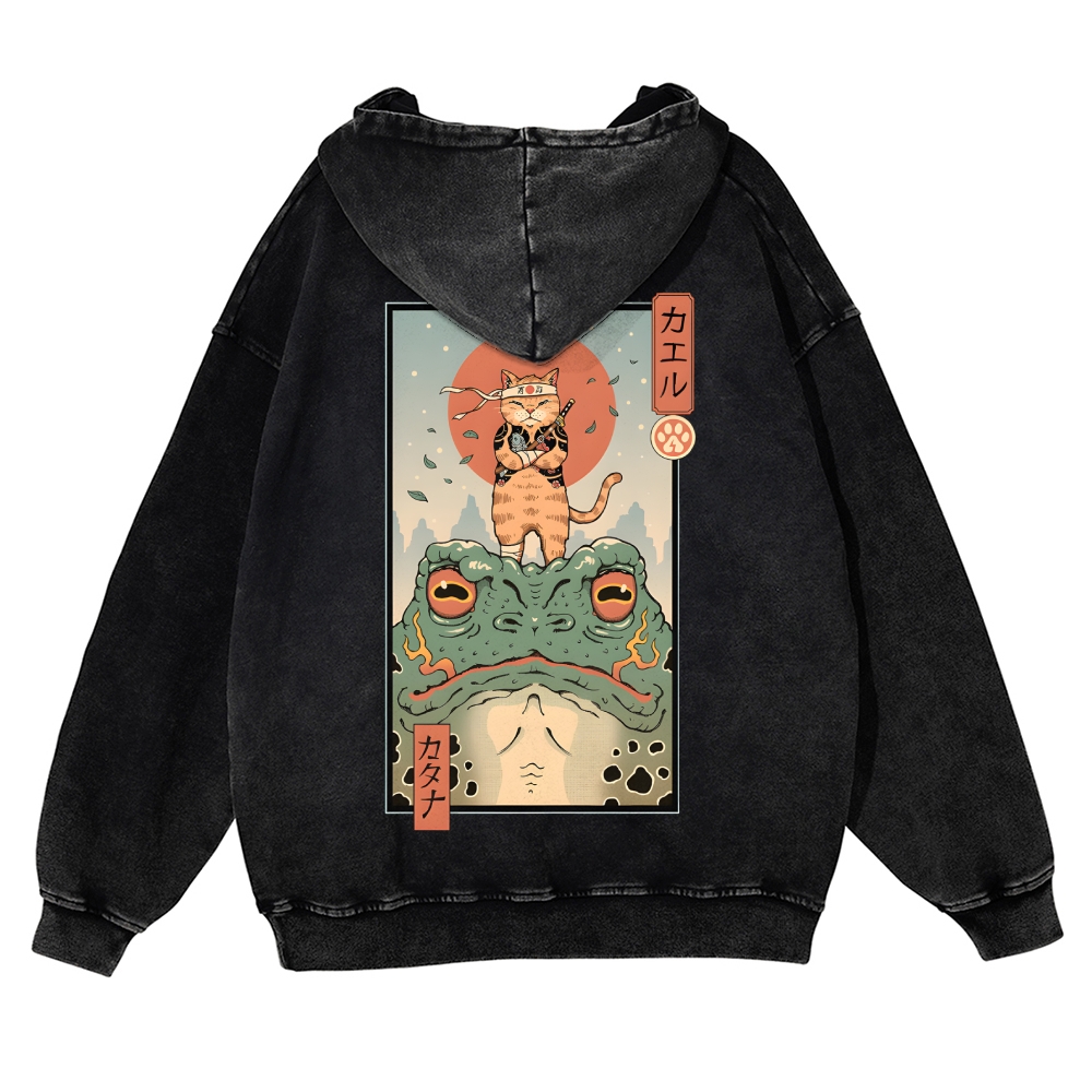 Cat Frog Vintage Washed Cotton Back Art Hoodie
