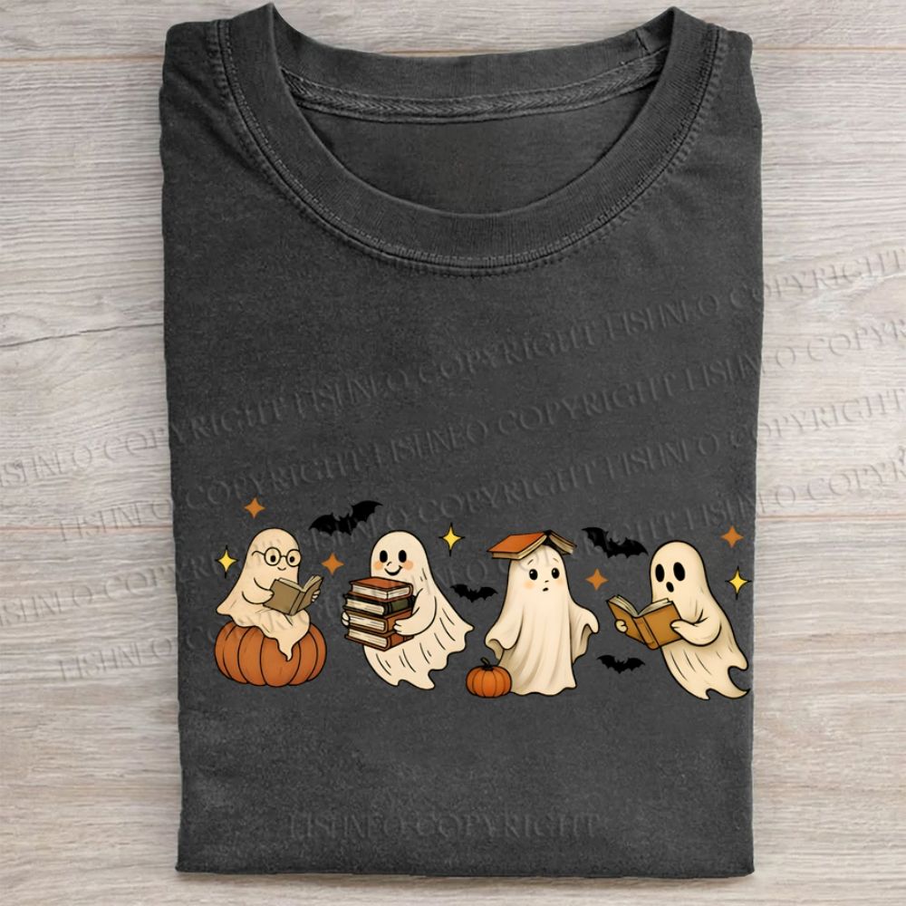 Ghost Reading Book Folded Washed T-shirt