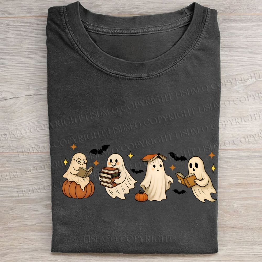 Ghost Reading Book Folded Washed T-shirt
