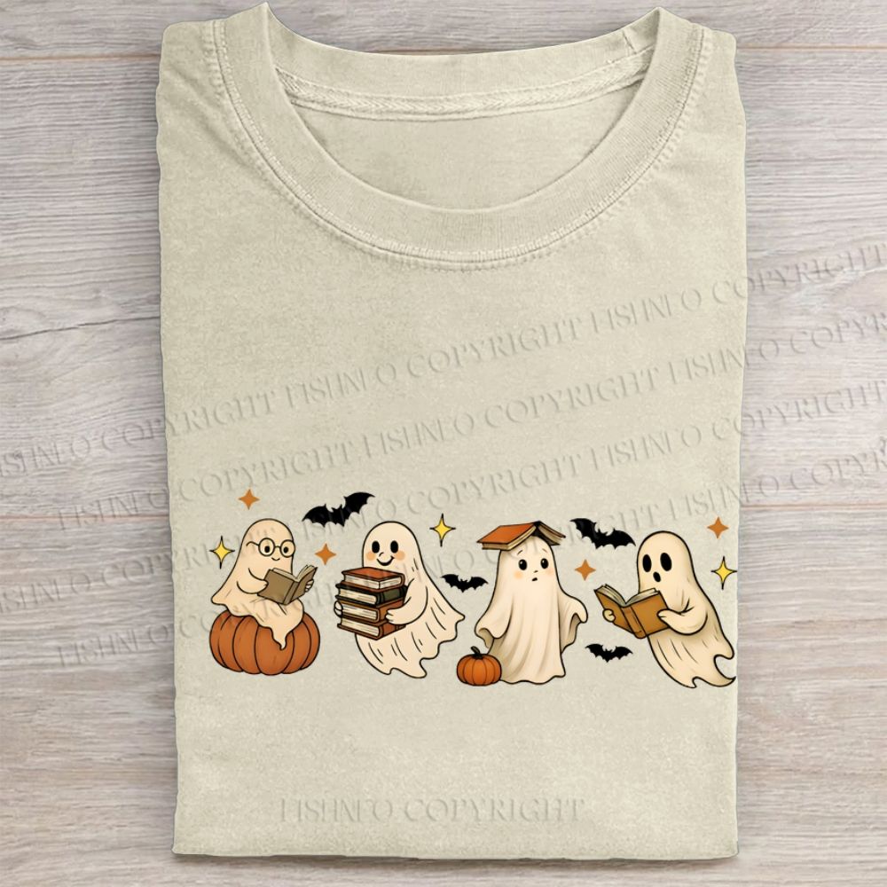 Ghost Reading Book Folded Washed T-shirt