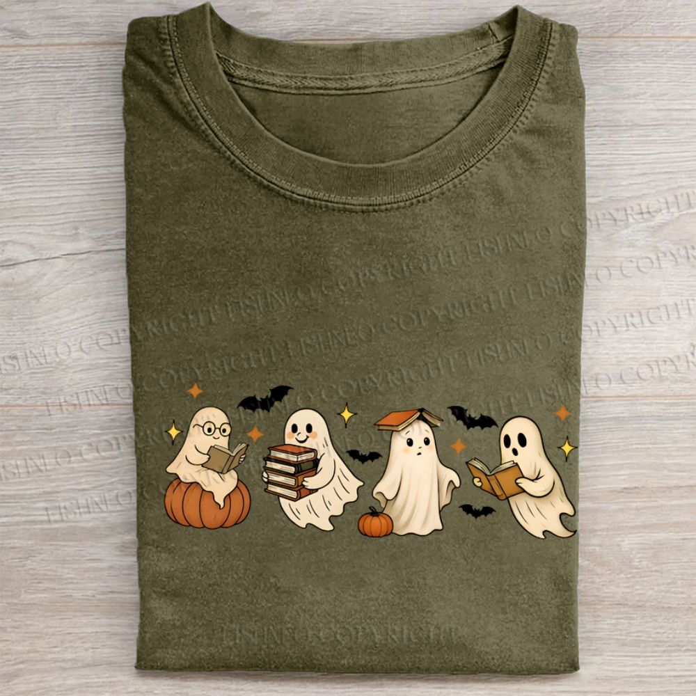 Ghost Reading Book Folded Washed T-shirt