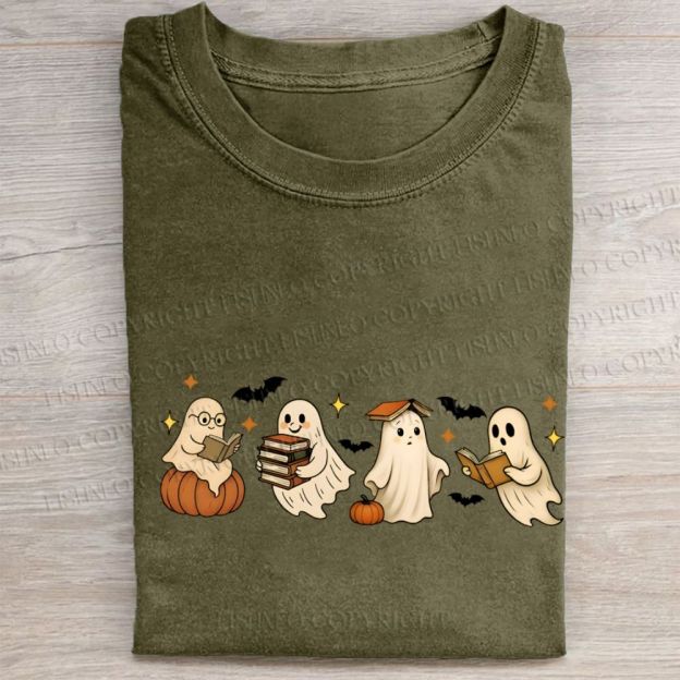 Ghost Reading Book Folded Washed T-shirt