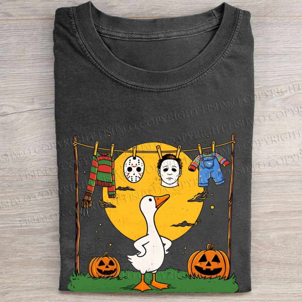 Halloween Goose Printed Folded Washed T-shirt