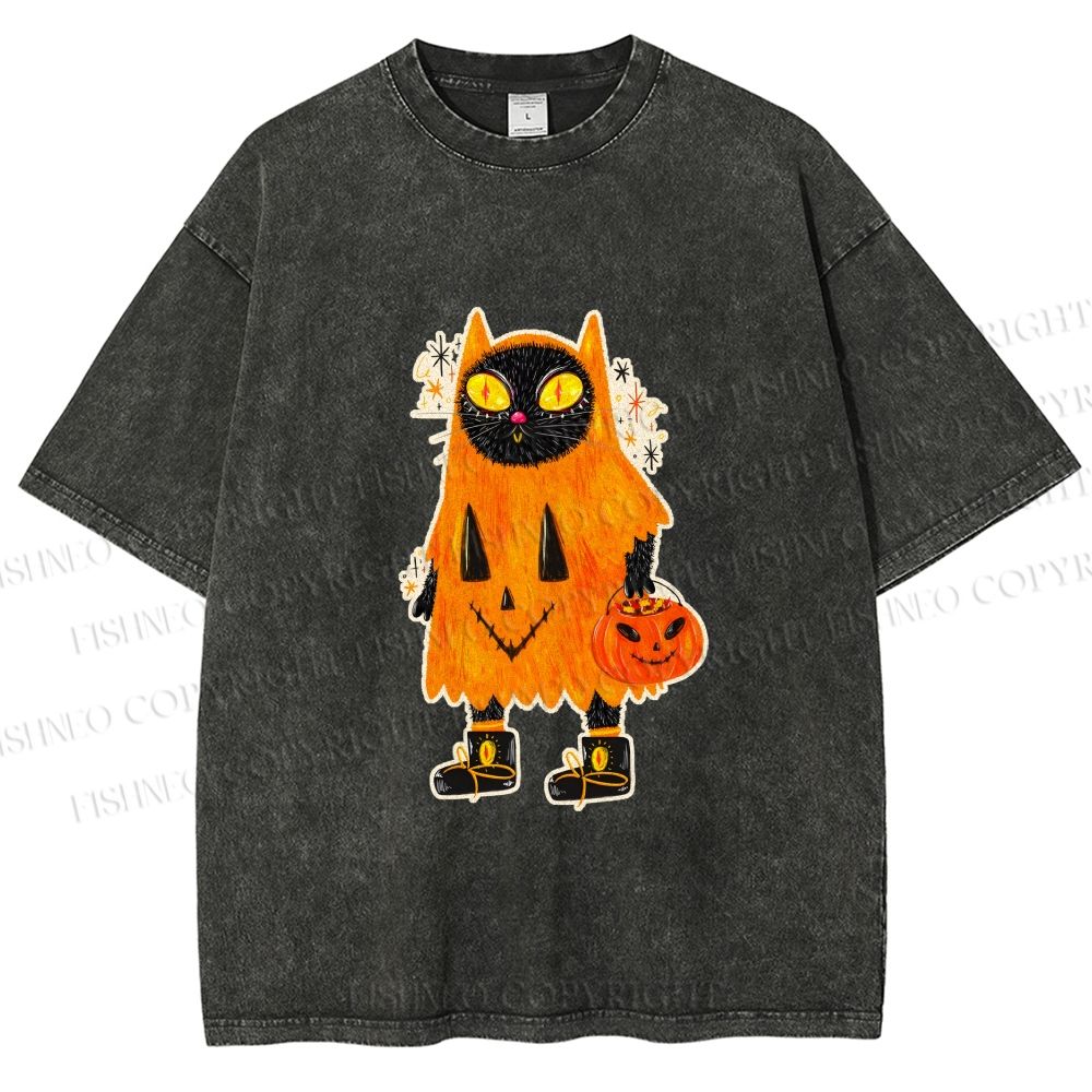 Unisex Halloween Black Cat Printed Washed Tee