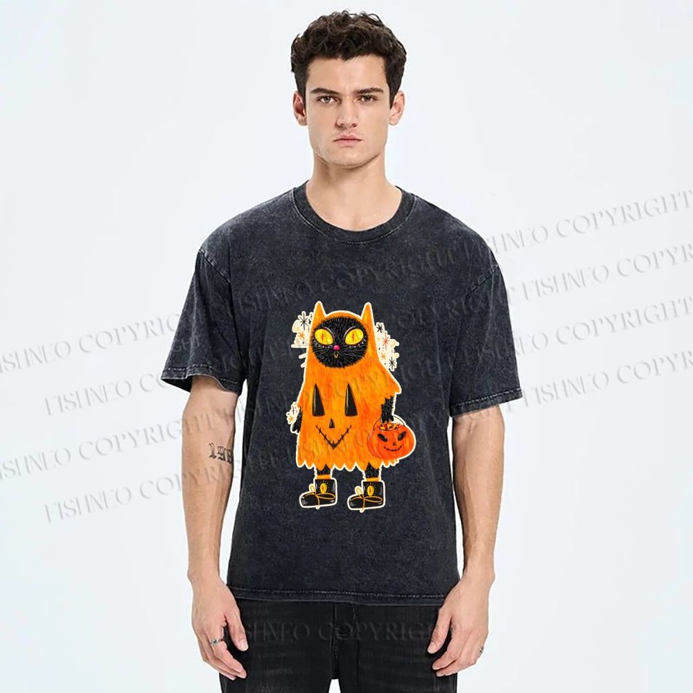 Unisex Halloween Black Cat Printed Washed Tee
