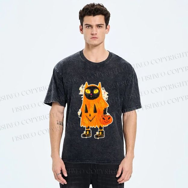 Unisex Halloween Black Cat Printed Washed Tee
