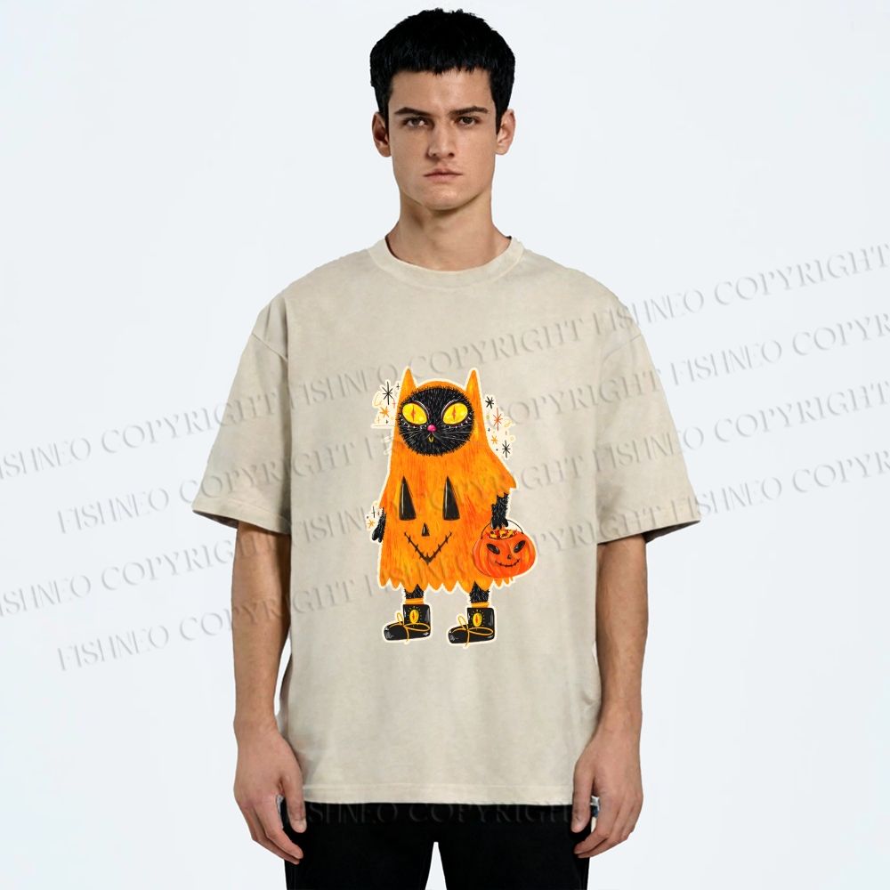 Unisex Halloween Black Cat Printed Washed Tee