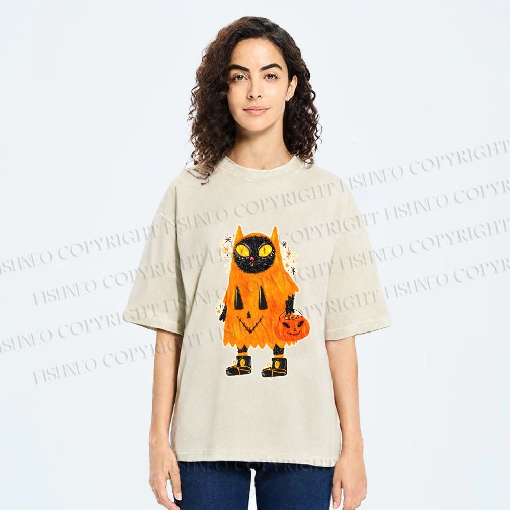 Unisex Halloween Black Cat Printed Washed Tee