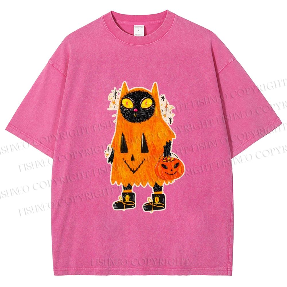 Unisex Halloween Black Cat Printed Washed Tee