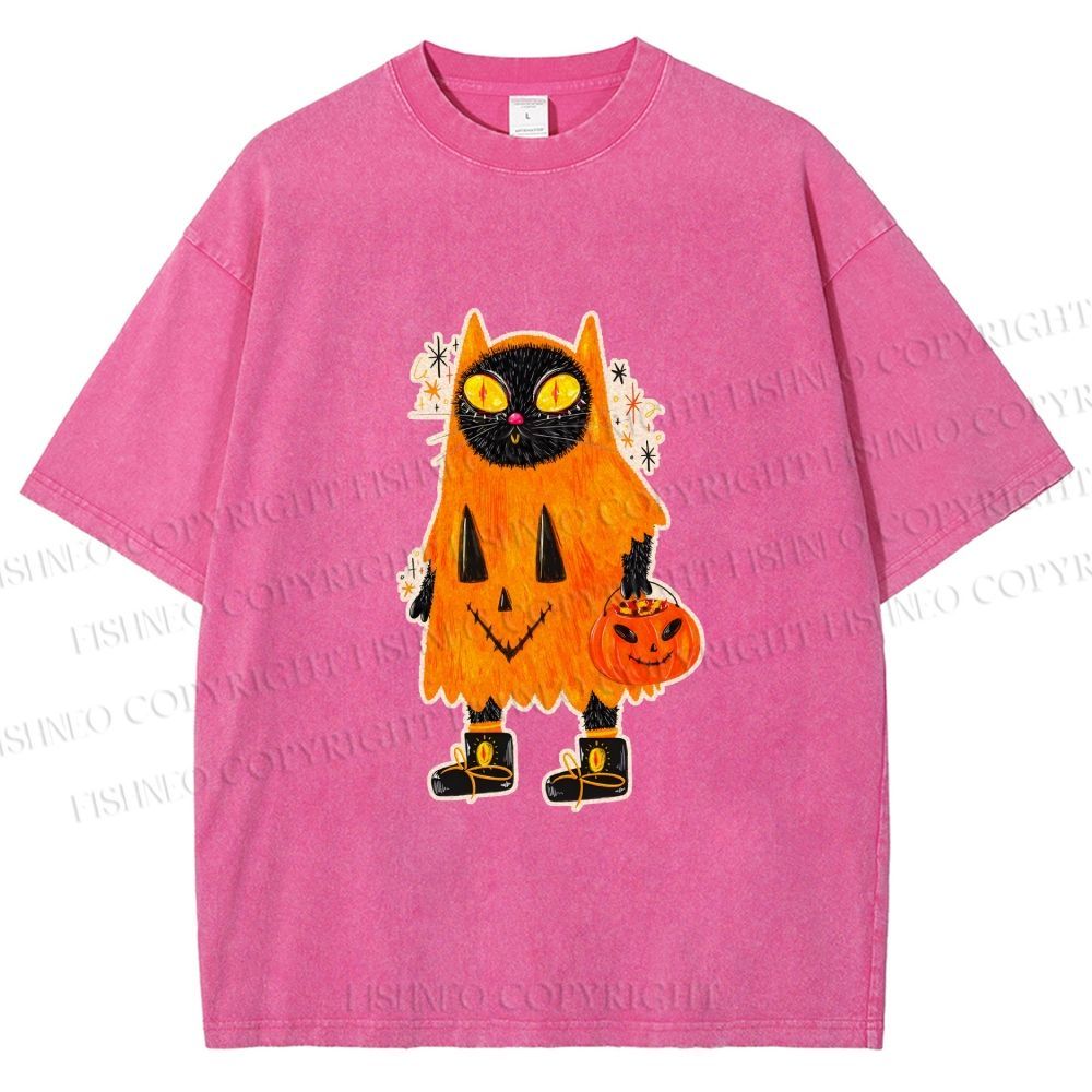 Unisex Halloween Black Cat Printed Washed Tee