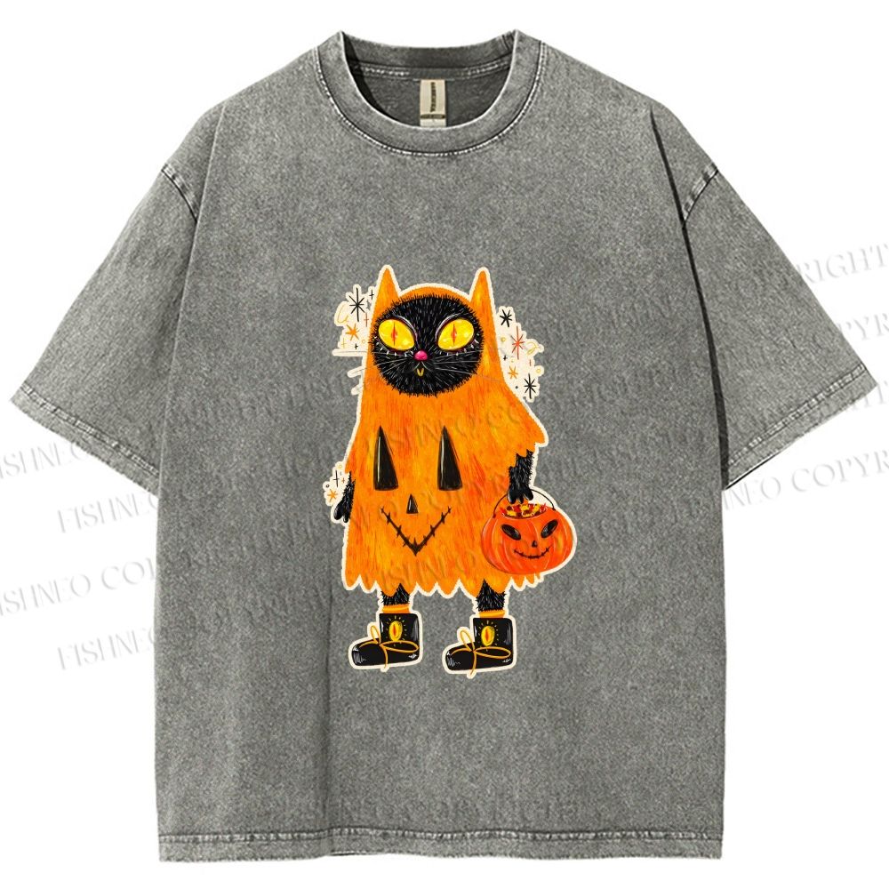 Unisex Halloween Black Cat Printed Washed Tee