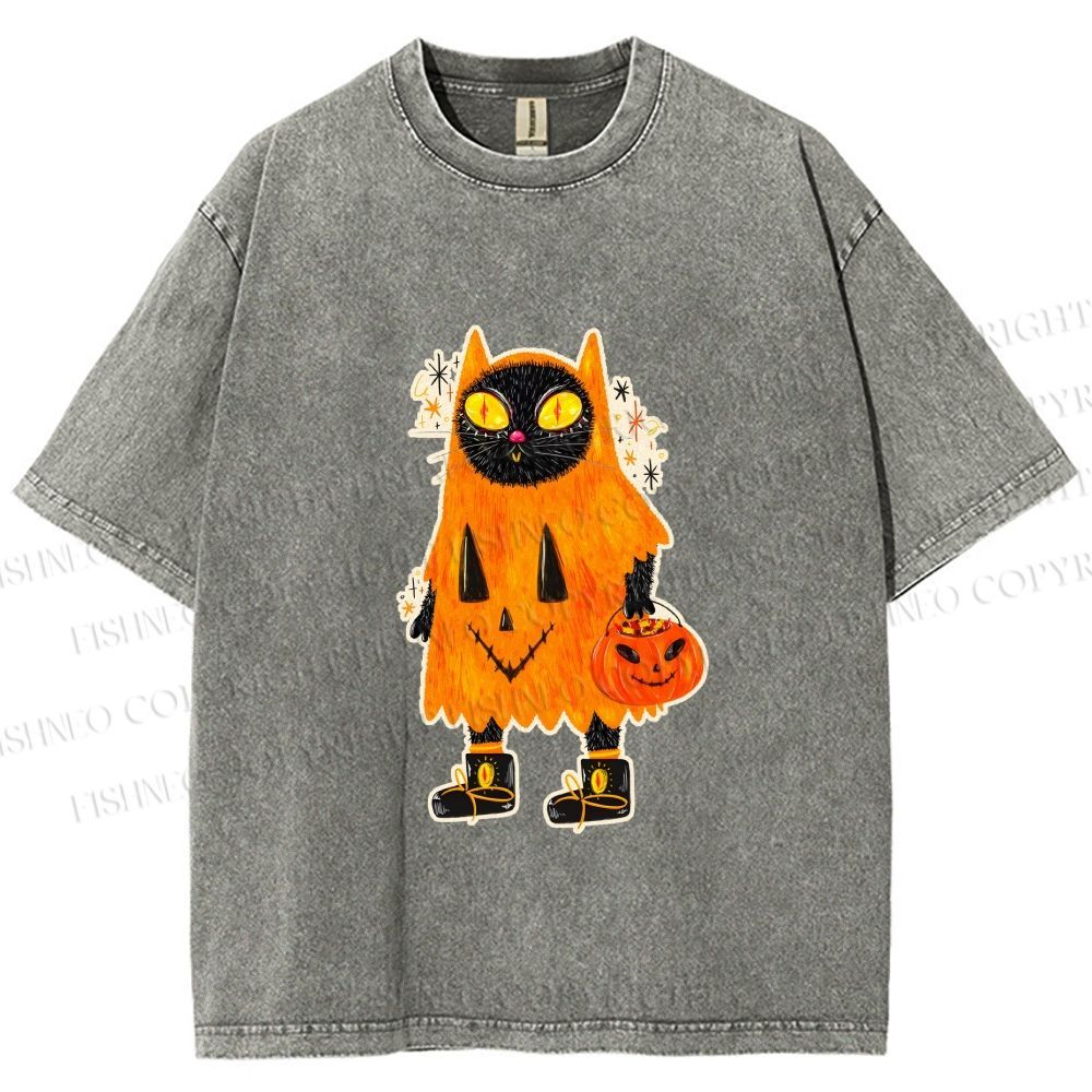 Unisex Halloween Black Cat Printed Washed Tee