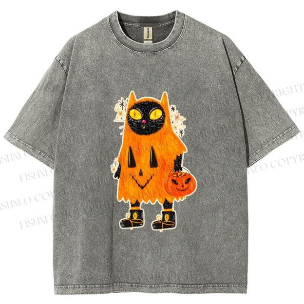Unisex Halloween Black Cat Printed Washed Tee
