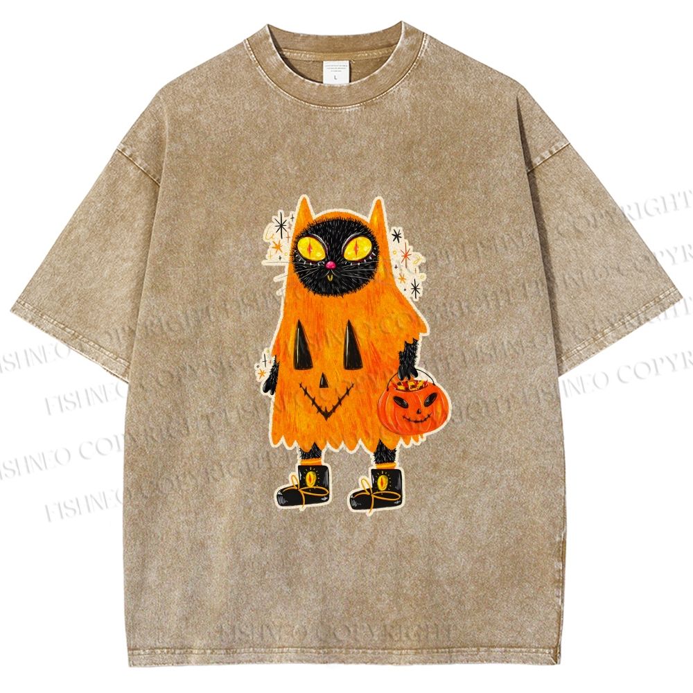Unisex Halloween Black Cat Printed Washed Tee