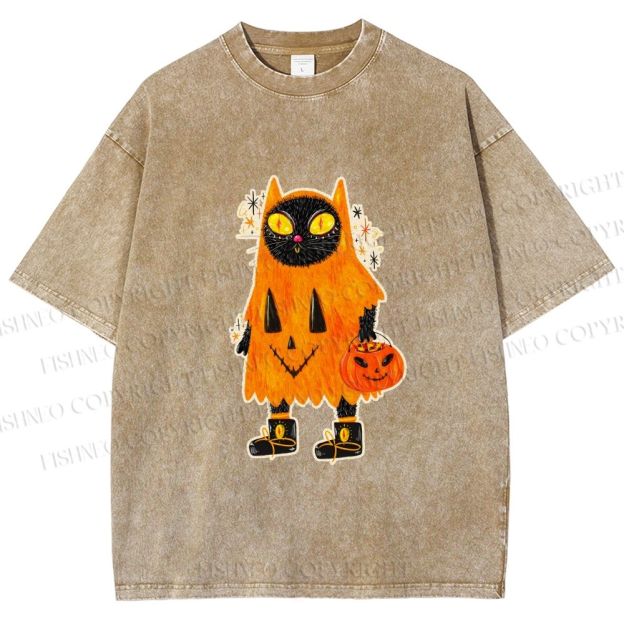 Unisex Halloween Black Cat Printed Washed Tee