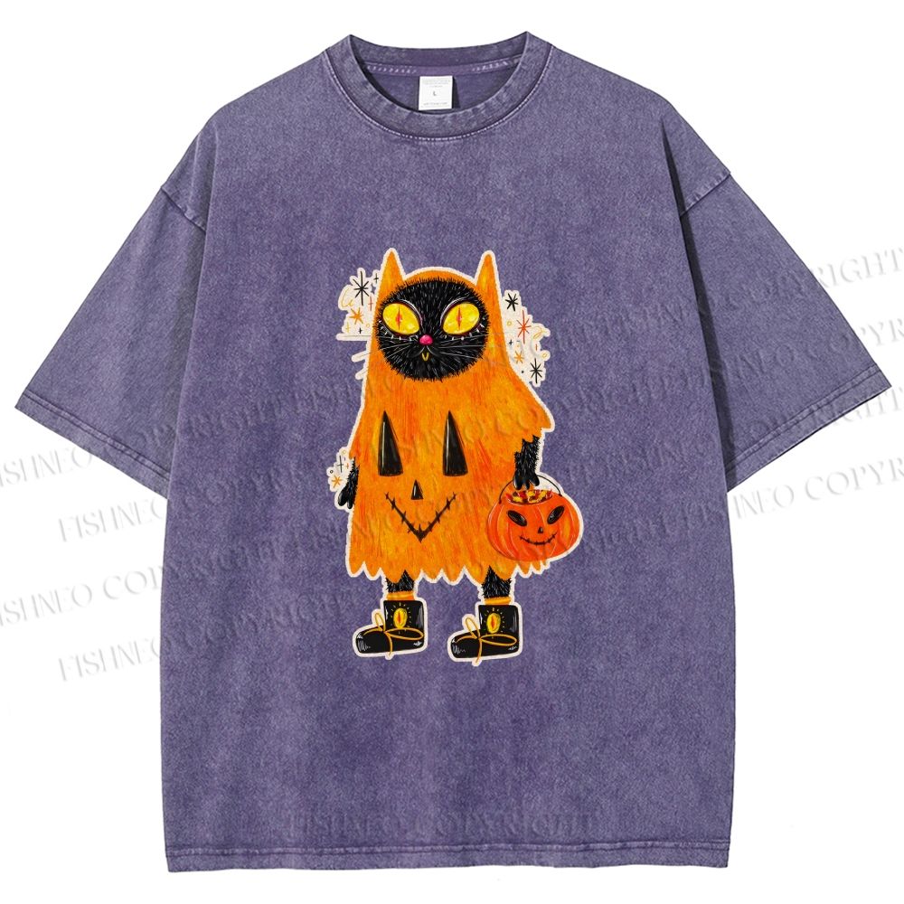 Unisex Halloween Black Cat Printed Washed Tee