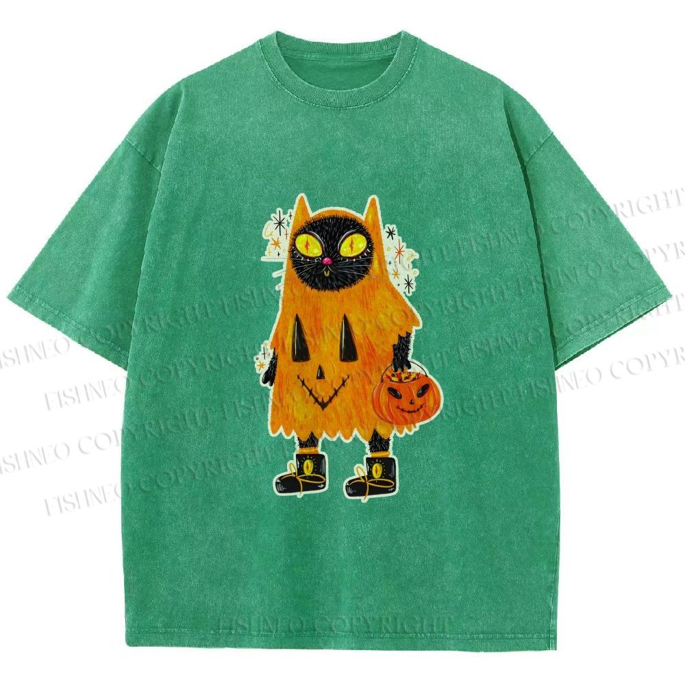 Unisex Halloween Black Cat Printed Washed Tee