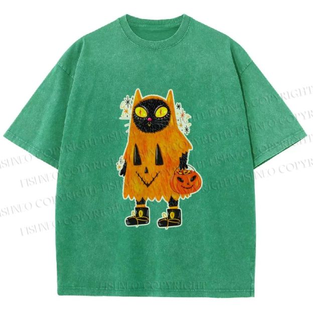 Unisex Halloween Black Cat Printed Washed Tee