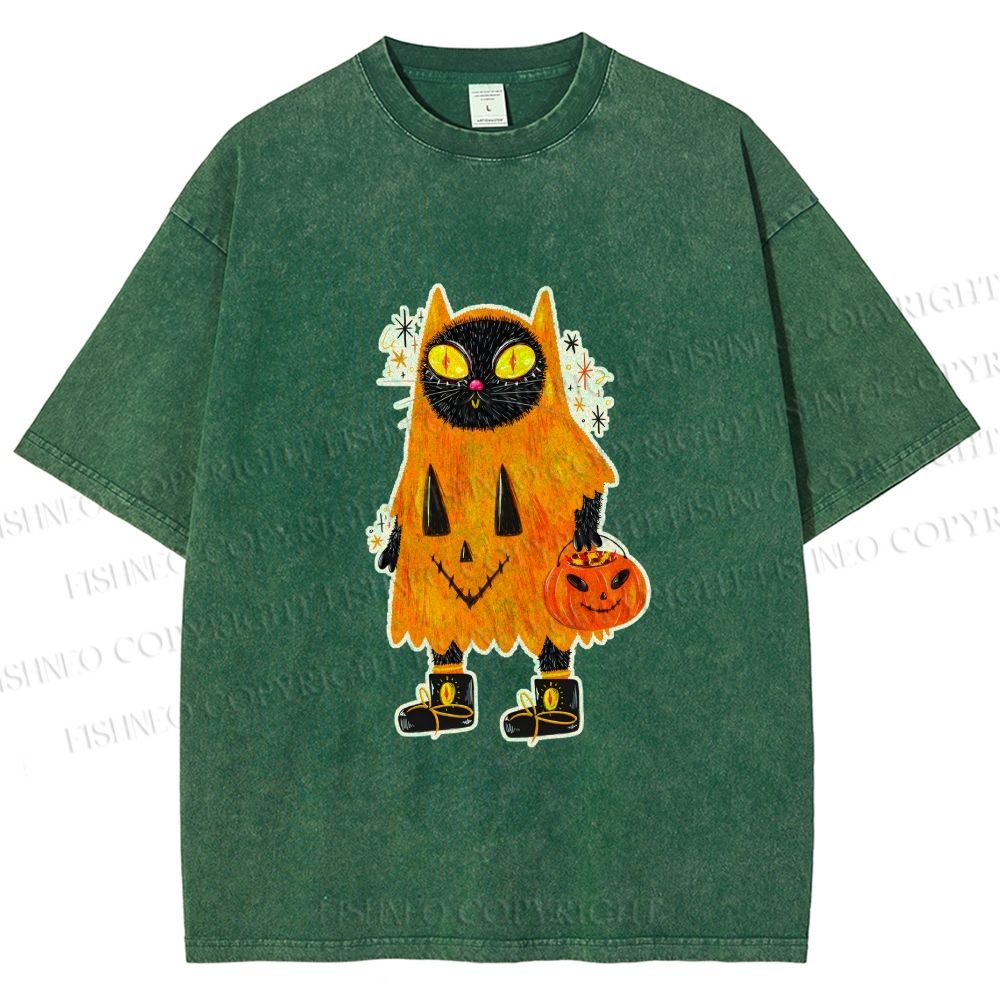 Unisex Halloween Black Cat Printed Washed Tee