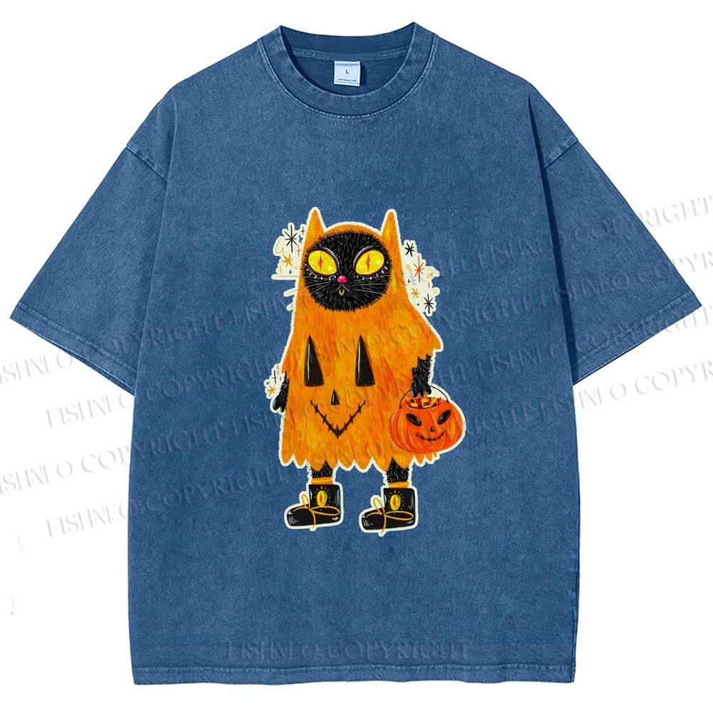 Unisex Halloween Black Cat Printed Washed Tee