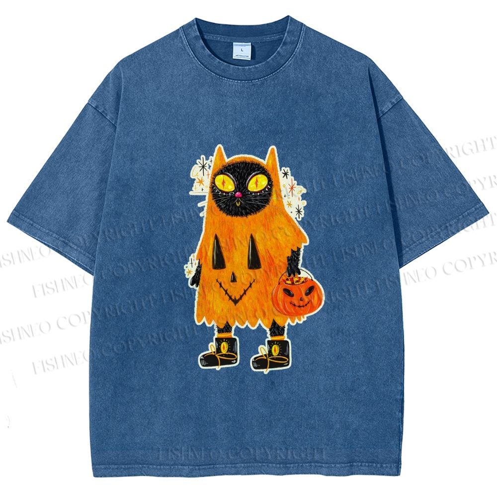Unisex Halloween Black Cat Printed Washed Tee