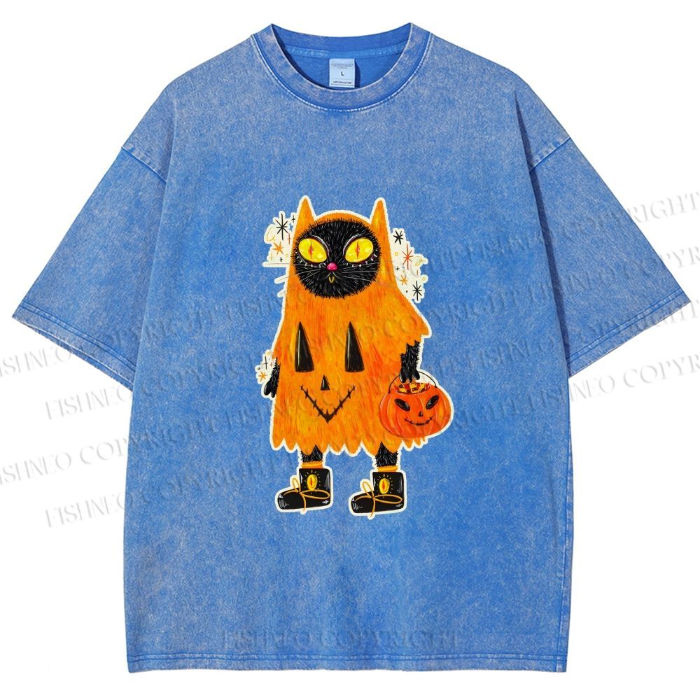 Unisex Halloween Black Cat Printed Washed Tee