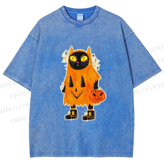 Unisex Halloween Black Cat Printed Washed Tee