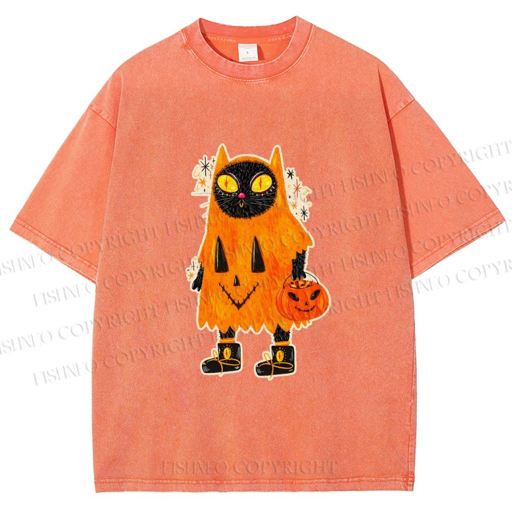 Unisex Halloween Black Cat Printed Washed Tee