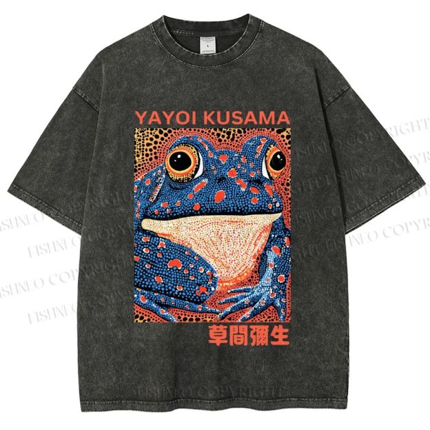 Unisex Yayoi Kusama Blue Frog Printed Washed Tee