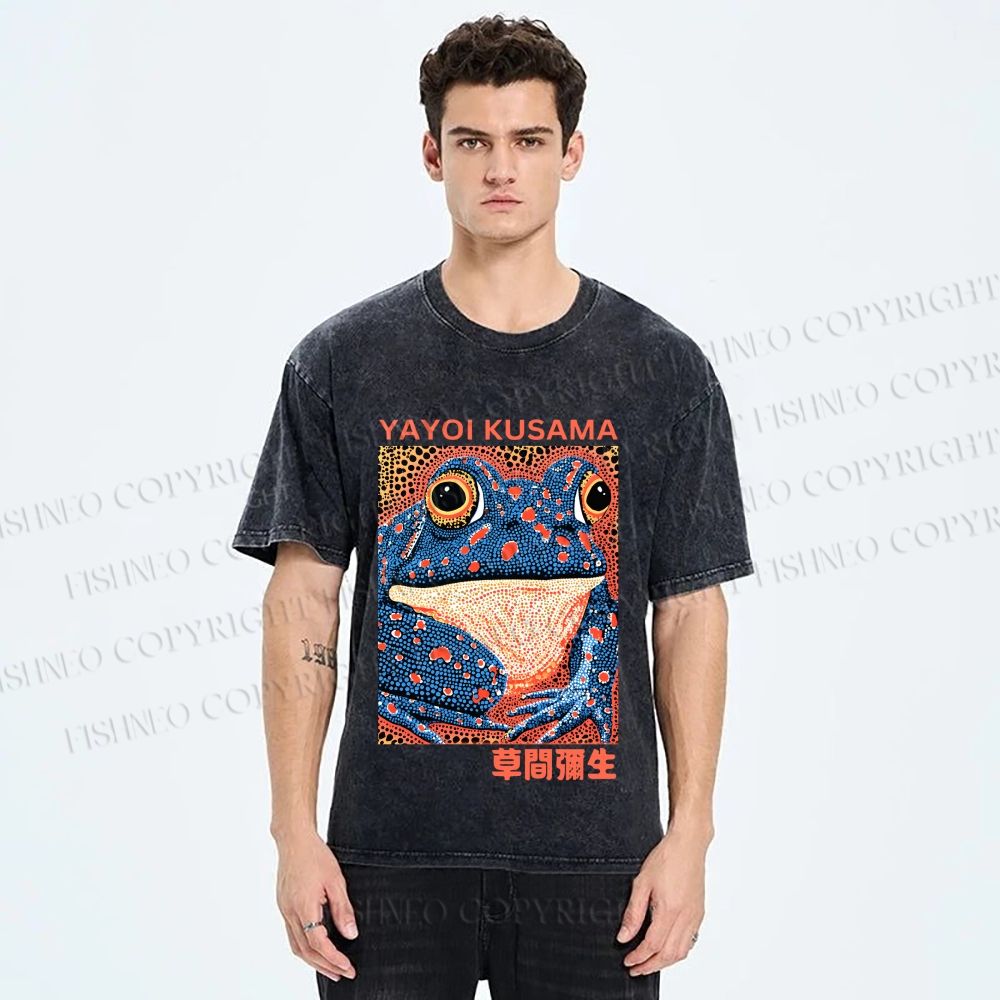 Unisex Yayoi Kusama Blue Frog Printed Washed Tee