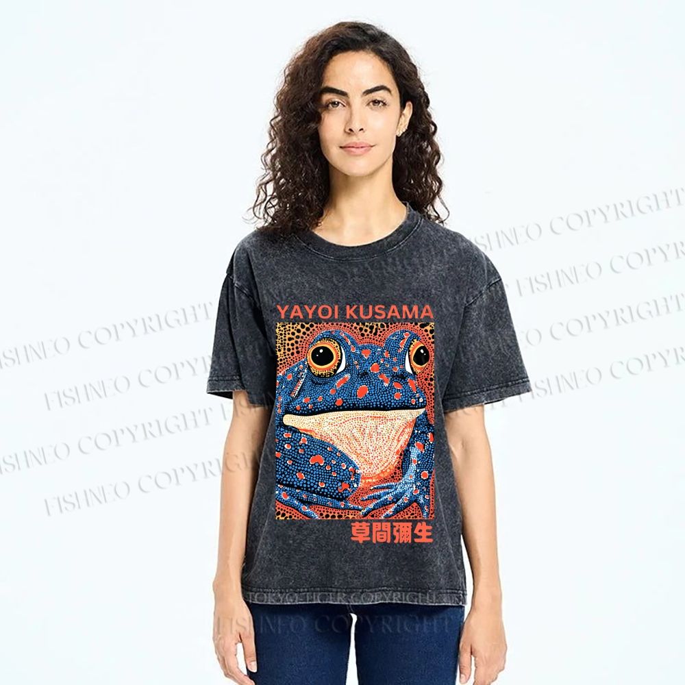 Unisex Yayoi Kusama Blue Frog Printed Washed Tee