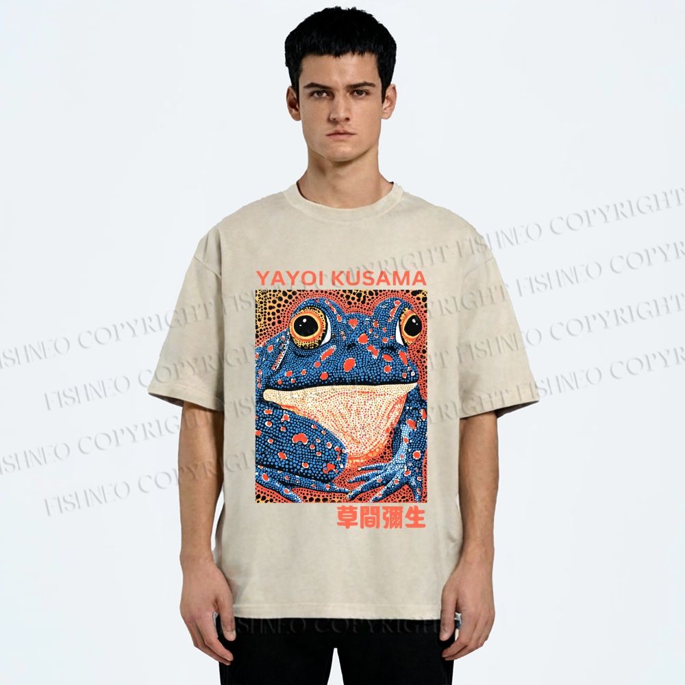 Unisex Yayoi Kusama Blue Frog Printed Washed Tee