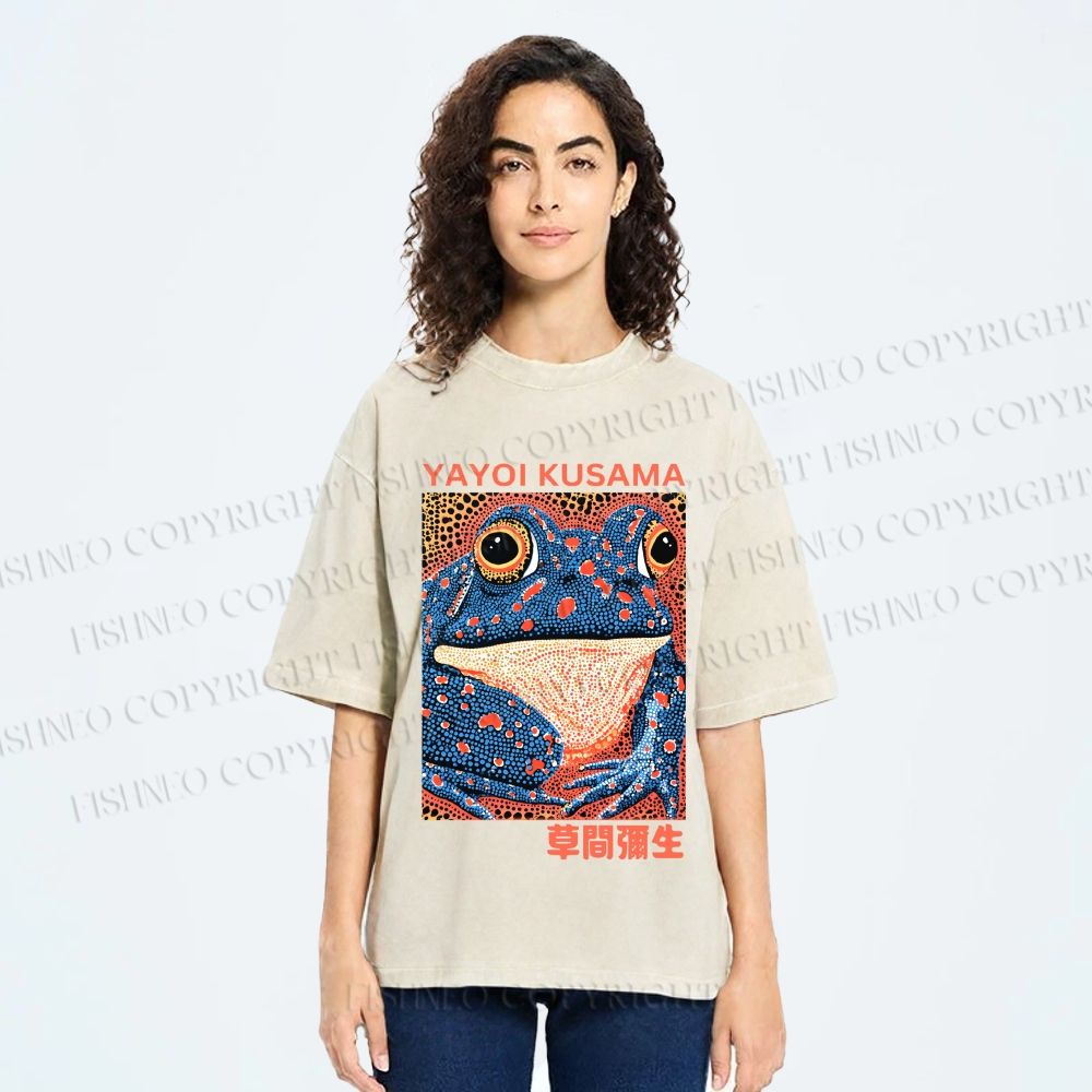 Unisex Yayoi Kusama Blue Frog Printed Washed Tee