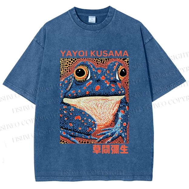 Unisex Yayoi Kusama Blue Frog Printed Washed Tee