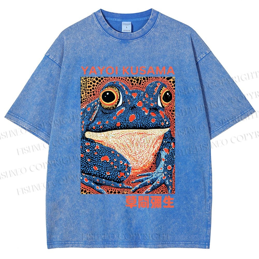 Unisex Yayoi Kusama Blue Frog Printed Washed Tee