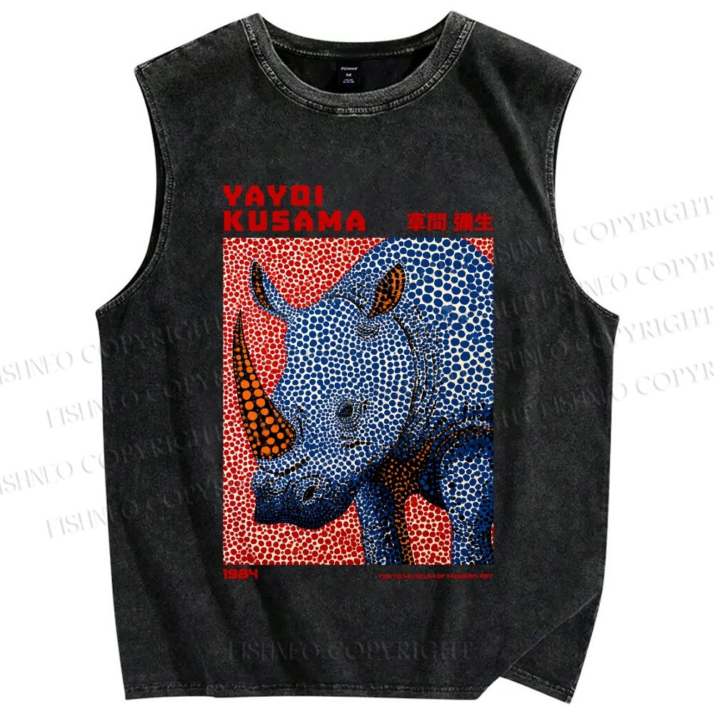Unisex Yayoi Kusama Blue Rhino Printed Washed Tank Top