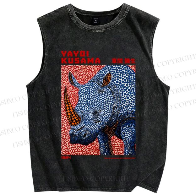 Unisex Yayoi Kusama Blue Rhino Printed Washed Tank Top