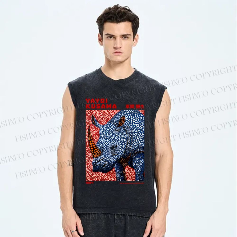 Unisex Yayoi Kusama Blue Rhino Printed Washed Tank Top