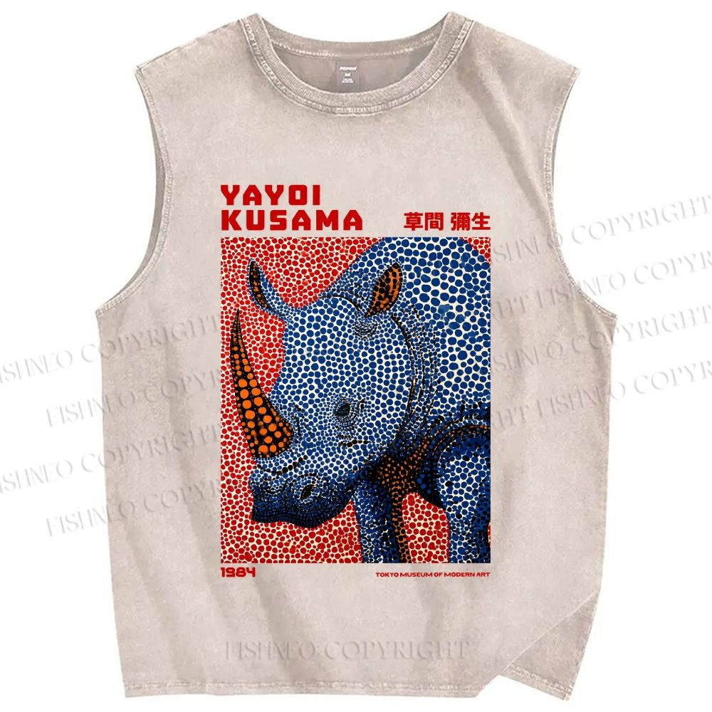 Unisex Yayoi Kusama Blue Rhino Printed Washed Tank Top
