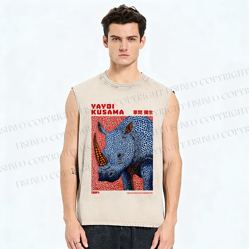 Unisex Yayoi Kusama Blue Rhino Printed Washed Tank Top