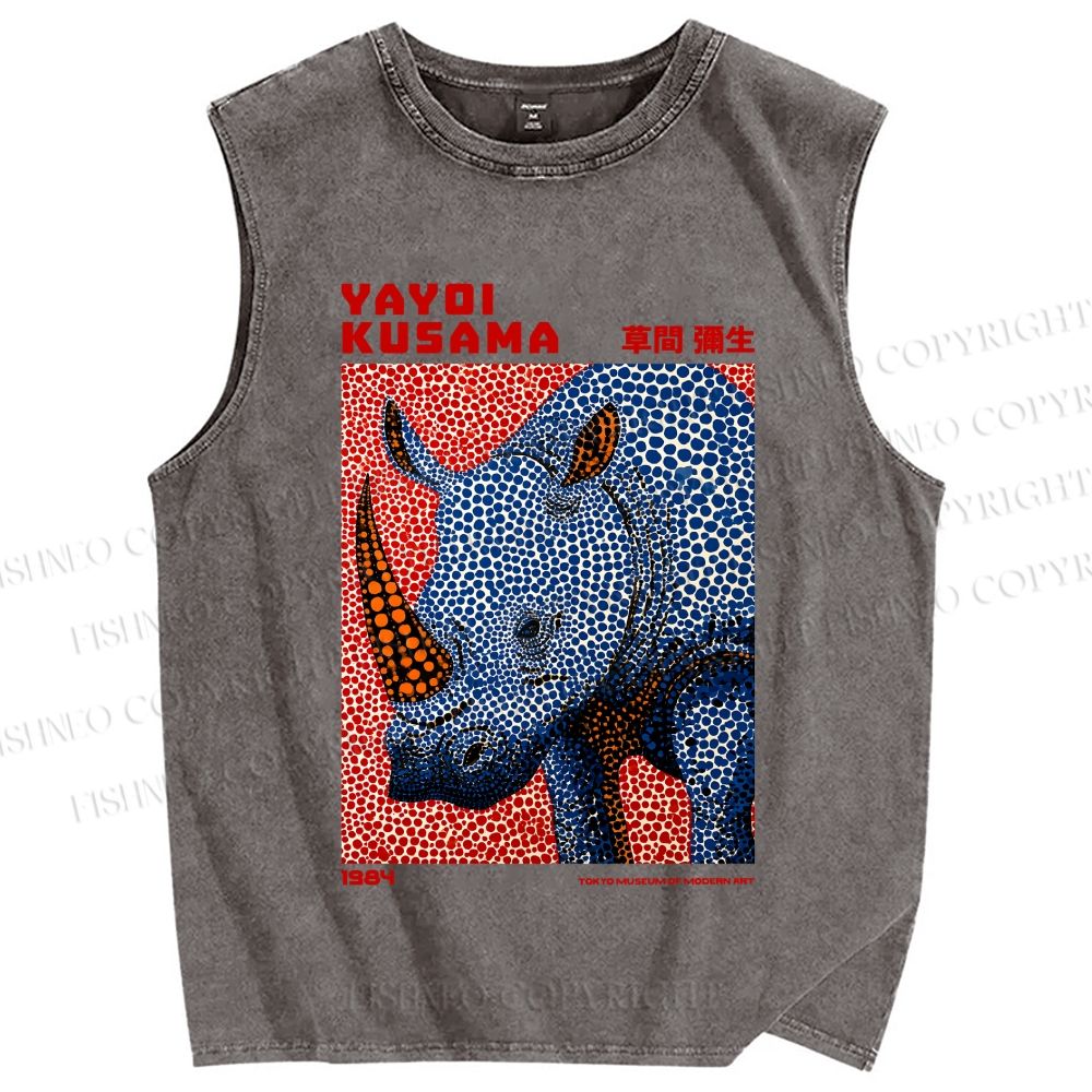 Unisex Yayoi Kusama Blue Rhino Printed Washed Tank Top