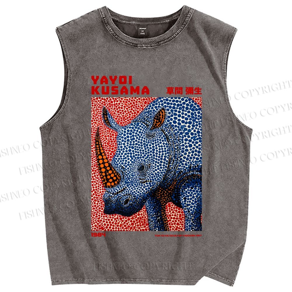 Unisex Yayoi Kusama Blue Rhino Printed Washed Tank Top