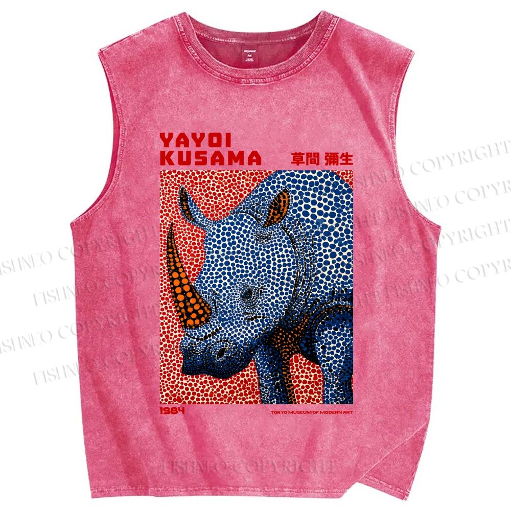 Unisex Yayoi Kusama Blue Rhino Printed Washed Tank Top