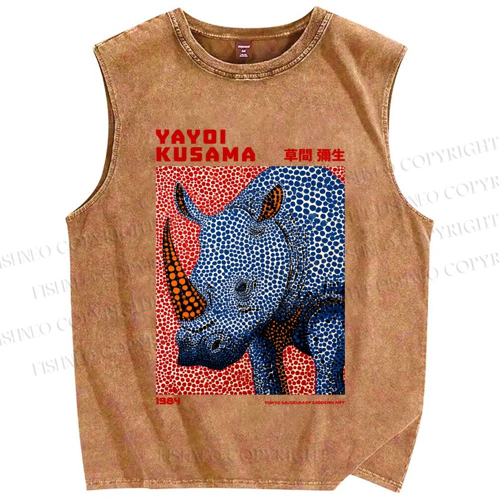 Unisex Yayoi Kusama Blue Rhino Printed Washed Tank Top