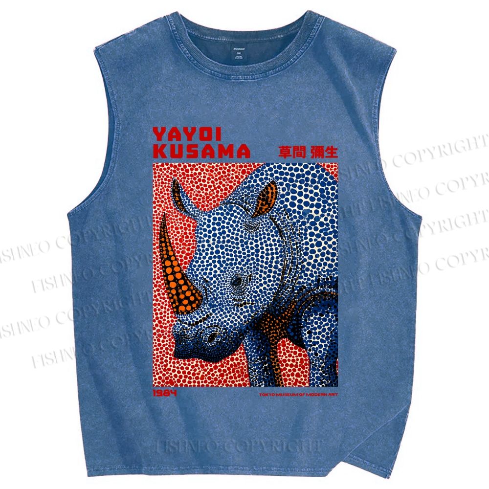 Unisex Yayoi Kusama Blue Rhino Printed Washed Tank Top