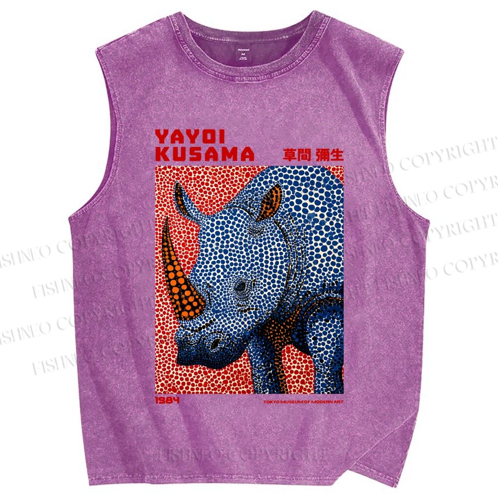 Unisex Yayoi Kusama Blue Rhino Printed Washed Tank Top