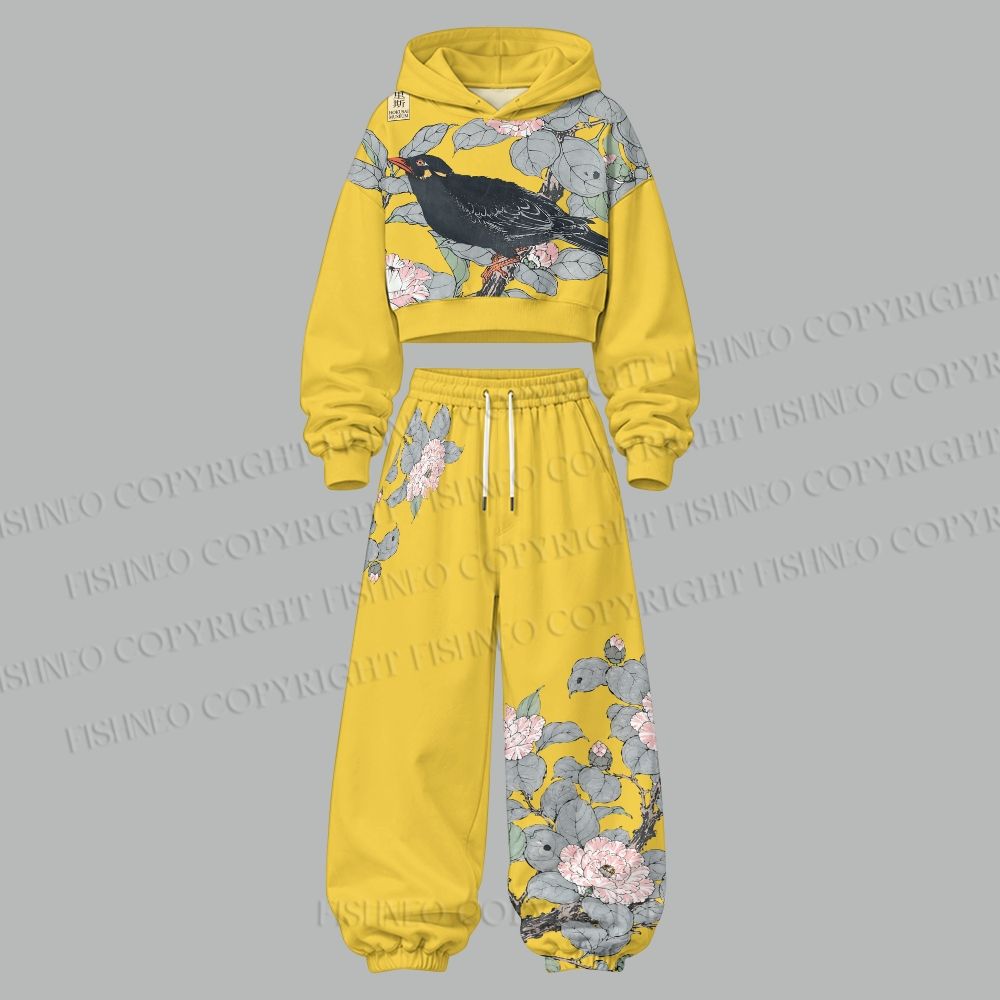 Vintage Bird in Flowers Cropped Long Sleeve Hoodie & High Waist Jogger Pants Two Piece Tracksuit Set