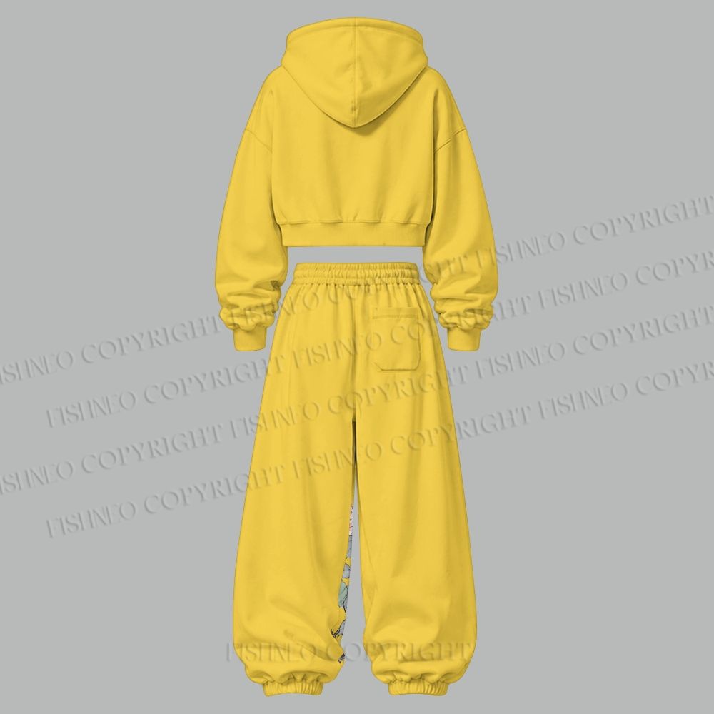 Vintage Bird in Flowers Cropped Long Sleeve Hoodie & High Waist Jogger Pants Two Piece Tracksuit Set