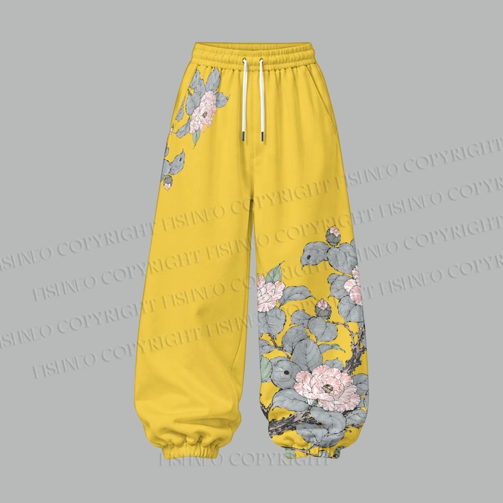Vintage Bird in Flowers Cropped Long Sleeve Hoodie & High Waist Jogger Pants Two Piece Tracksuit Set